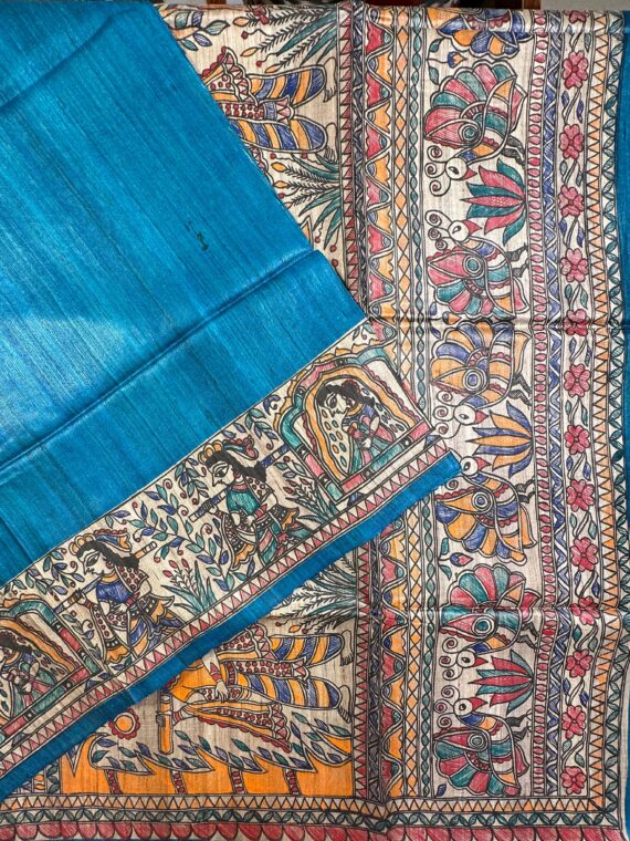 Teal Blue Madhubani Painting Pure Tussar Silk Saree
