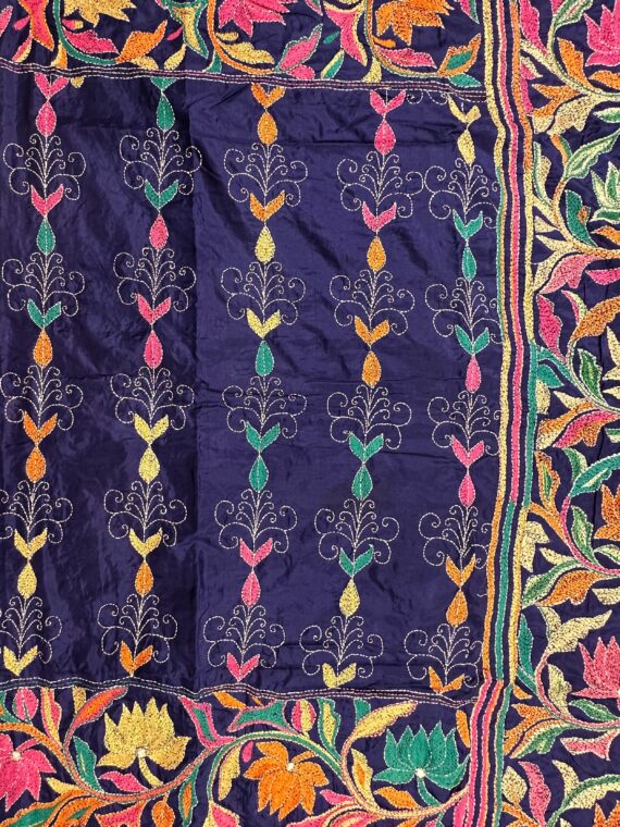Navy Blue Kaantha Embroidery Pure Silk Saree