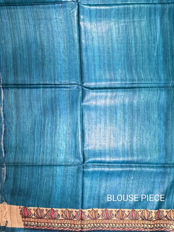 Teal Blue Madhubani Painting Pure Tussar Silk Saree