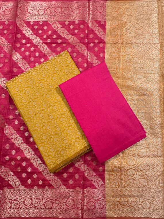 Mustard and Pink Handloom Cotton 3-Piece Suit