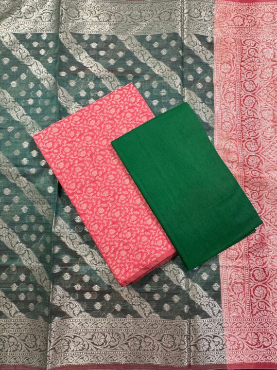 Coral Pink-Green Handloom Cotton 3-Piece Suit