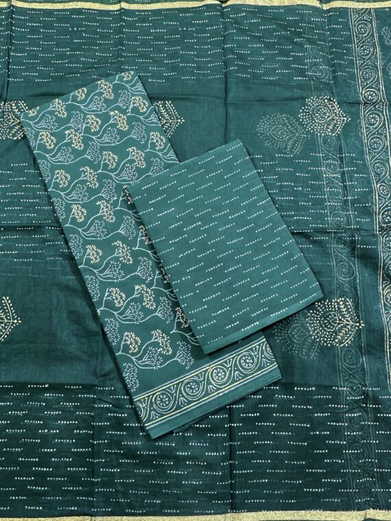 Green Jaipuri Cotton 3 Piece Unstitched Suit with Chanderi Dupatta