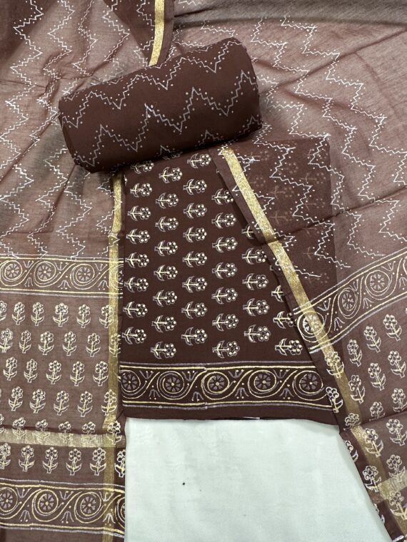 Maroon Jaipuri Cotton 3 Piece Unstitched Suit with Chanderi Dupatta