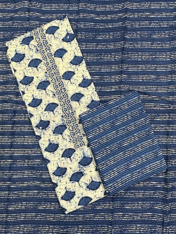 Indigo Blue Cotton 3 Piece Unstitched Suit with Cotton Dupatta