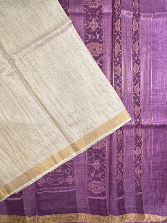 Cream-Purple Shaded Ikkat Palla Pure Tussar Silk Saree