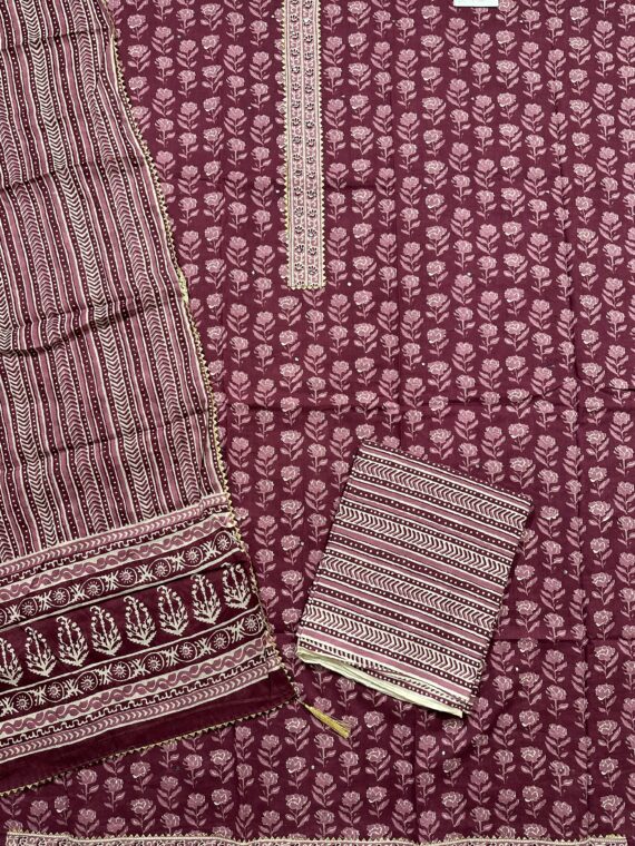 Purple Cotton 3 Piece Unstitched Suit with Cotton Dupatta