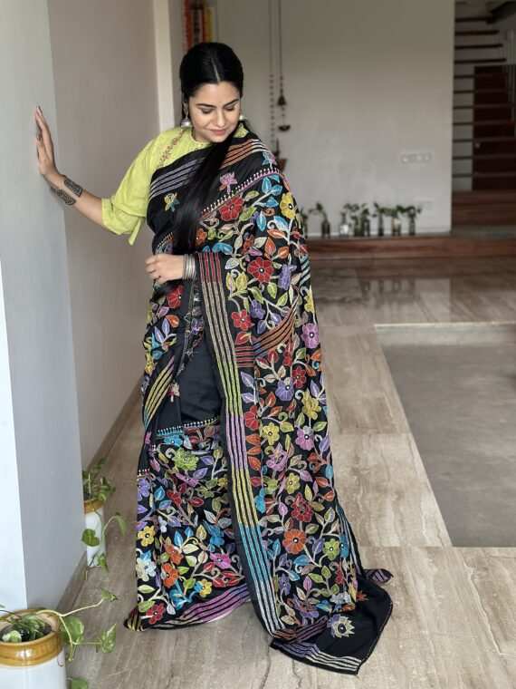 Black Kaantha Embroidery Pure Silk Saree