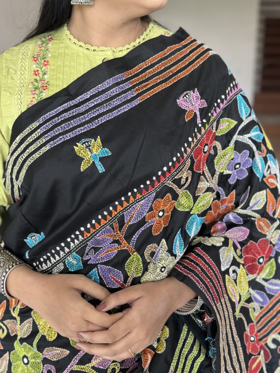Black Kaantha Embroidery Pure Silk Saree
