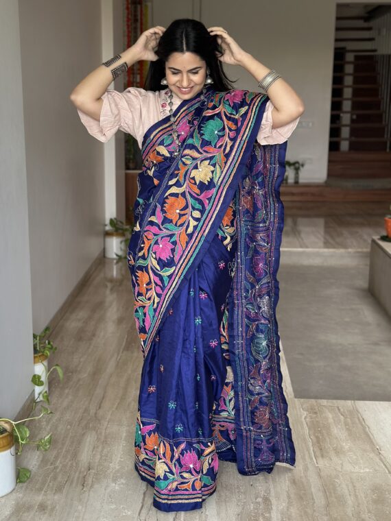 Royal Blue Kaantha Embroidery Pure Silk Saree
