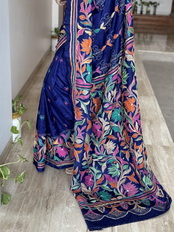Royal Blue Kaantha Embroidery Pure Silk Saree