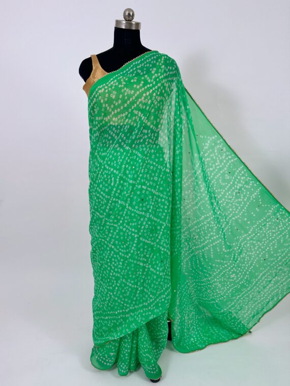 Light Green Bandhej Pure Chinon Saree with Mukaish Work