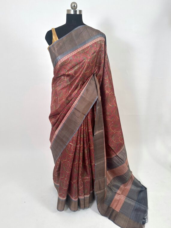 Magenta Printed Pure Tussar Silk Saree