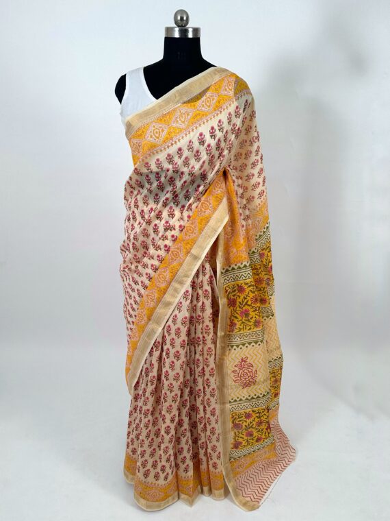 Peach and Yellow Rajasthani Print Pure Cotton Chanderi Saree