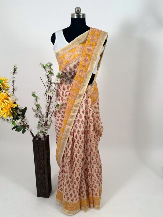 Peach and Yellow Rajasthani Print Pure Cotton Chanderi Saree