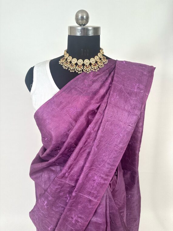 Purple Embroidered Pure Tussar Silk Saree