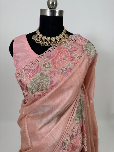 Pink Pure Tussar Silk Saree With embroidery work