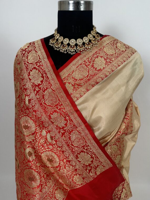 Cream-Red Banarasi Pure Silk Saree