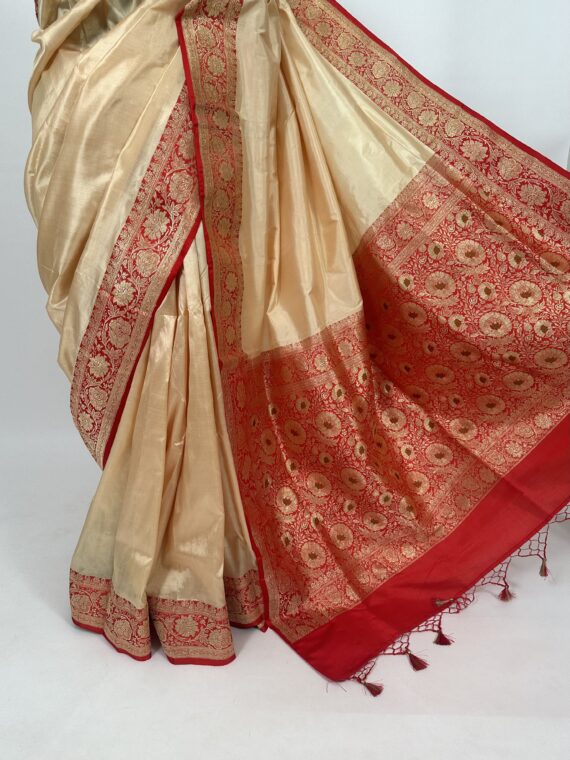 Cream-Red Banarasi Pure Silk Saree