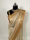 Golden Beige Thread Embroidery Blended Supernet Saree