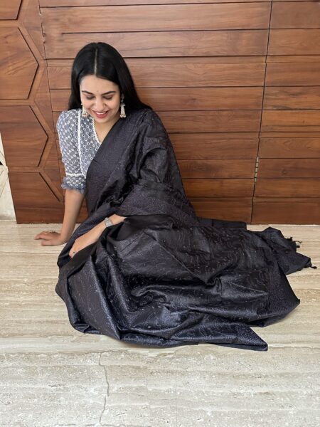 Black Embroidered Pure Tussar Silk Saree