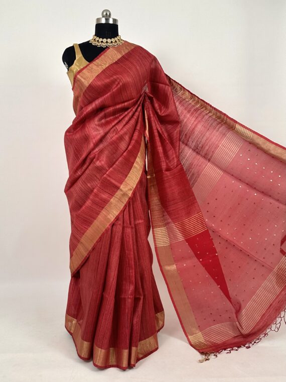 Rust Red Gheencha Pure Silk Saree With Organza Palla
