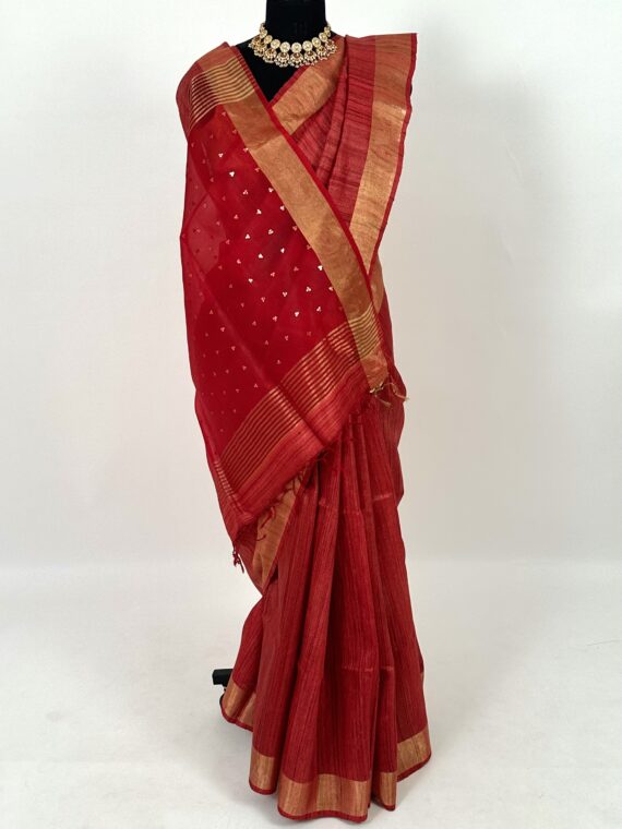 Rust Red Gheencha Pure Silk Saree With Organza Palla
