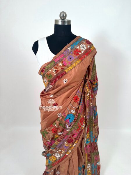 Brown Kaantha Embroidered Pure Silk Saree