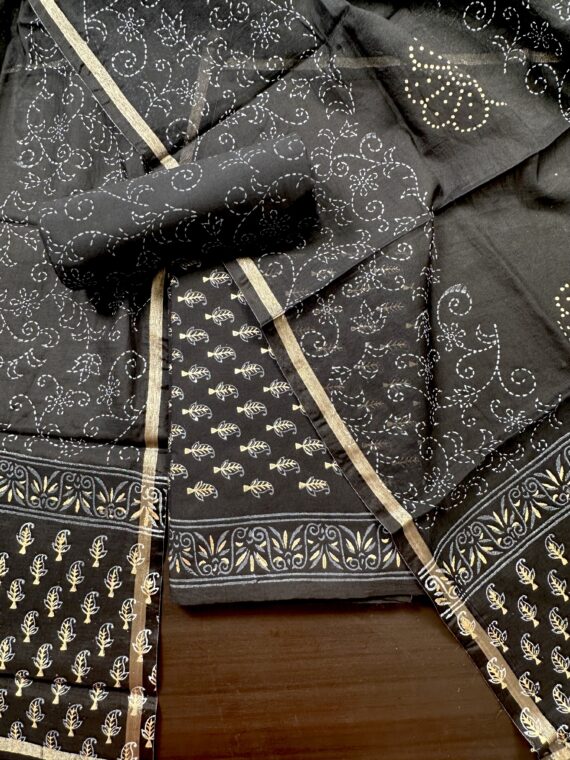 Black Jaipuri Cotton 3 Piece Unstitched Suit with Chanderi Dupatta