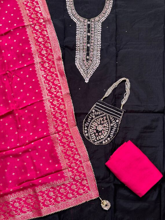 Black and Rani Pink Unstitched 4-Piece Suit