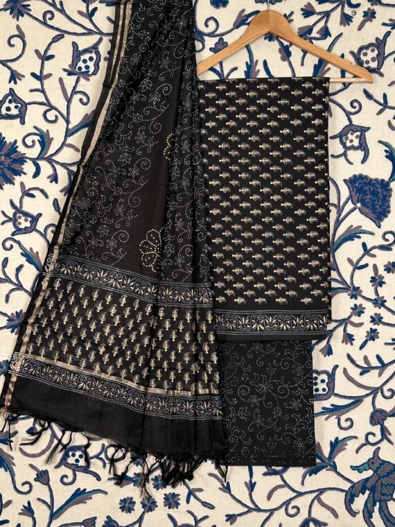 Black Jaipuri Cotton 3 Piece Unstitched Suit with Chanderi Dupatta