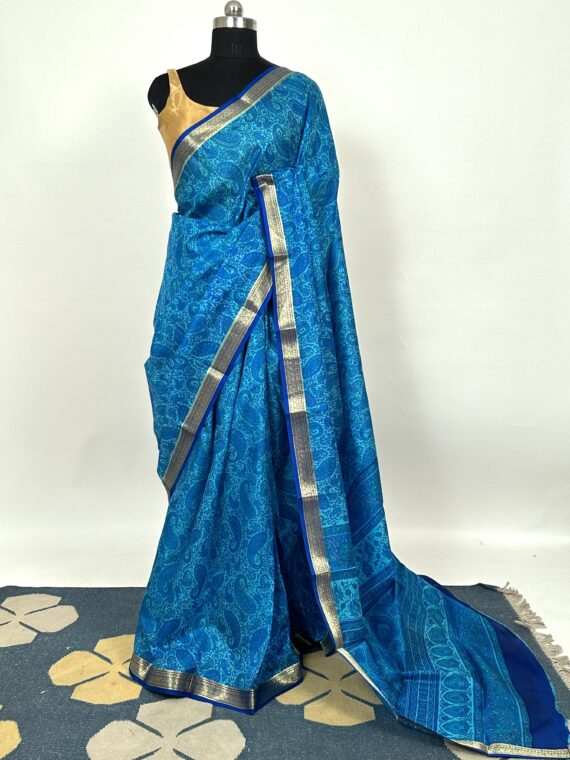 Blue Printed Pure Silk Saree