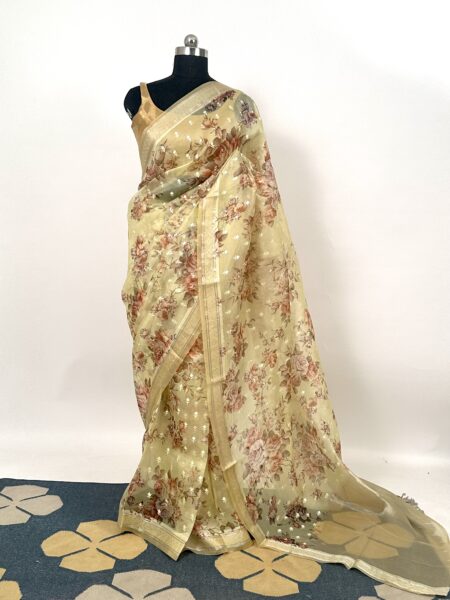 Yellow Printed Organza Saree with Embroidery