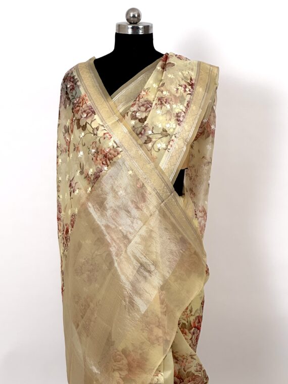 Yellow Printed Organza Saree with Embroidery