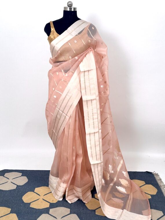 Light Pink Organza Saree with Golden Silver Zari Work