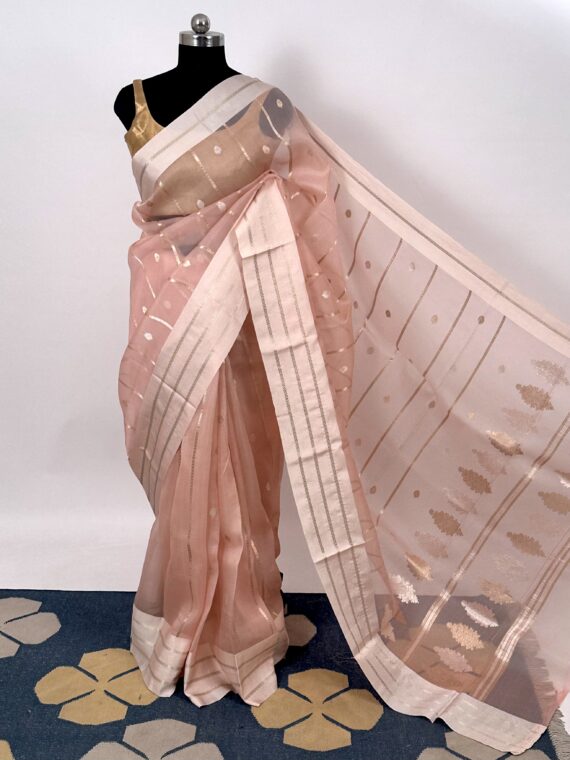 Light Pink Organza Saree with Golden Silver Zari Work