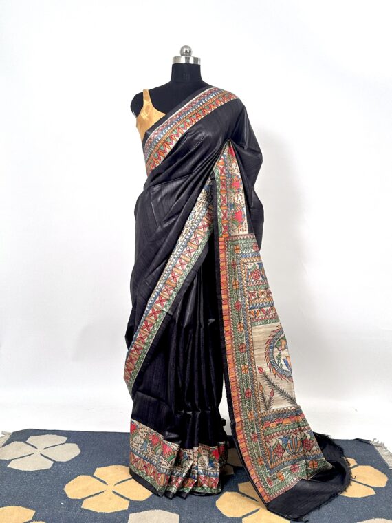 Black Madhubani Painting Pure Tussar Silk Saree
