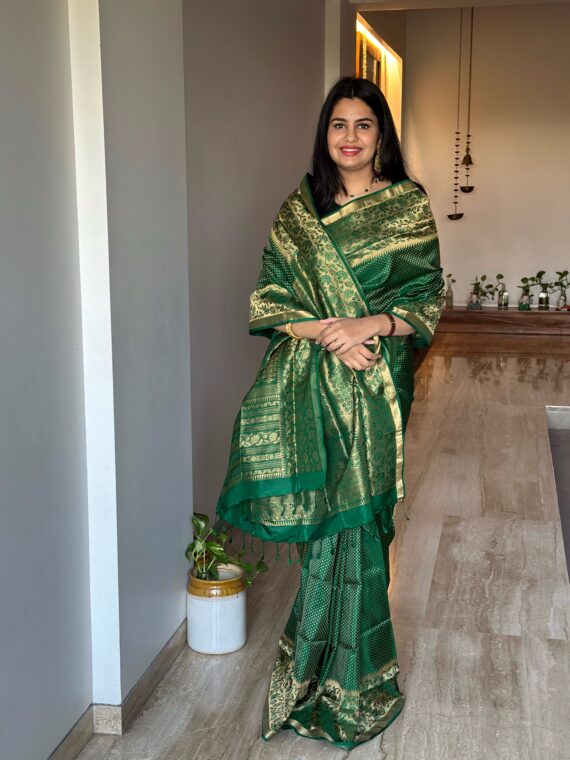 Green Resham Gadhwal Jamawar Pure Silk Saree