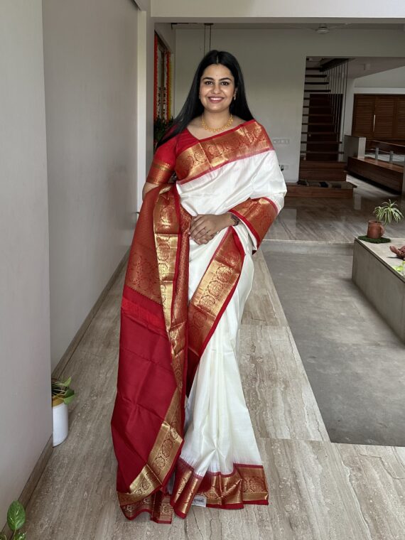 White-Red Nakshi Border Pure Silk Saree