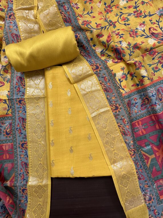 Yellow Pure Chanderi Unstitched 3-Piece Suit