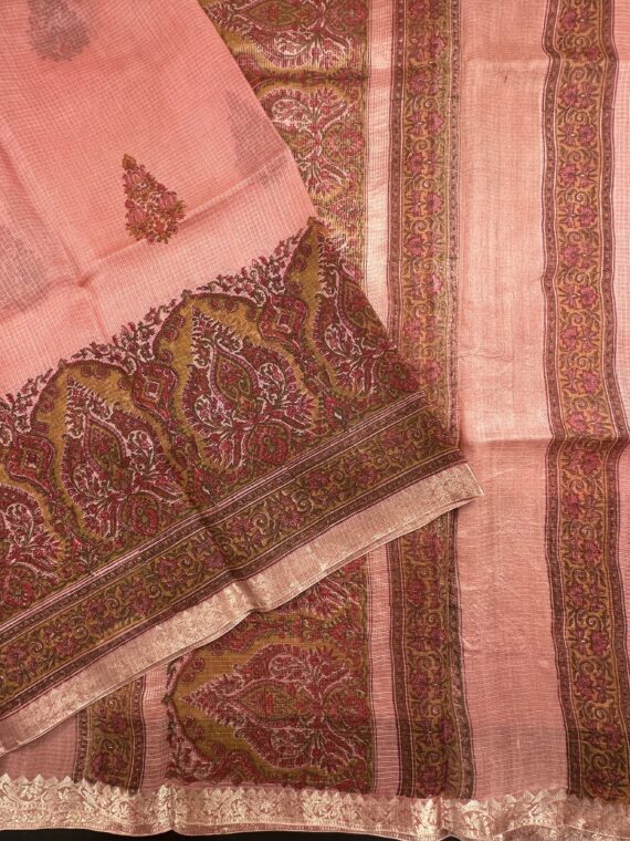Pink Hand Block Printed Kota Doria Pure Silk Saree