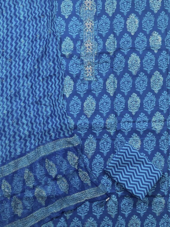 Blue Printed Jaipuri Cotton with Silver foil Work Suit