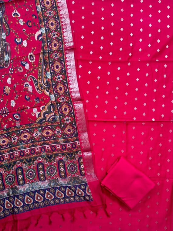 Rani Pink Pure Chanderi Unstitched 3-Piece Suit