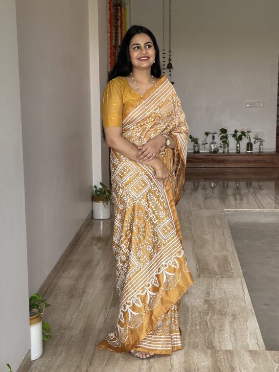 Sand Yellow Kaantha Embroidered Pure Silk Saree
