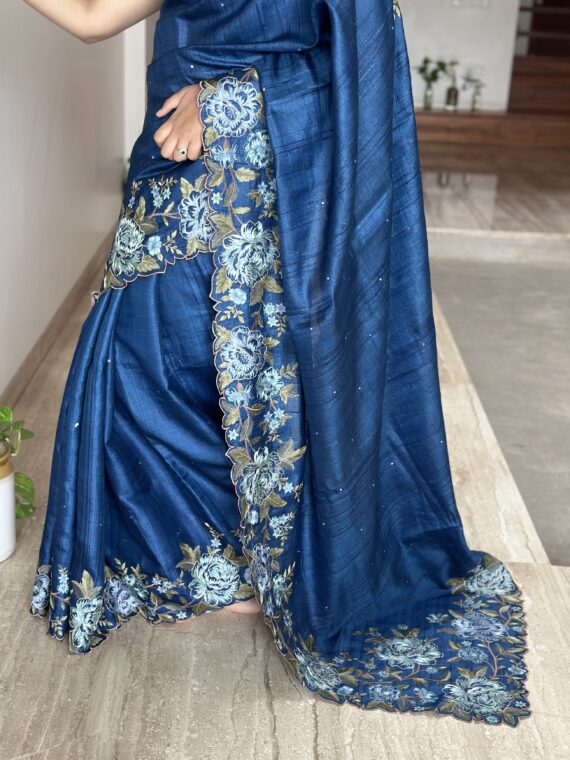 Blue Pure Tussar Silk Saree With embroidery work
