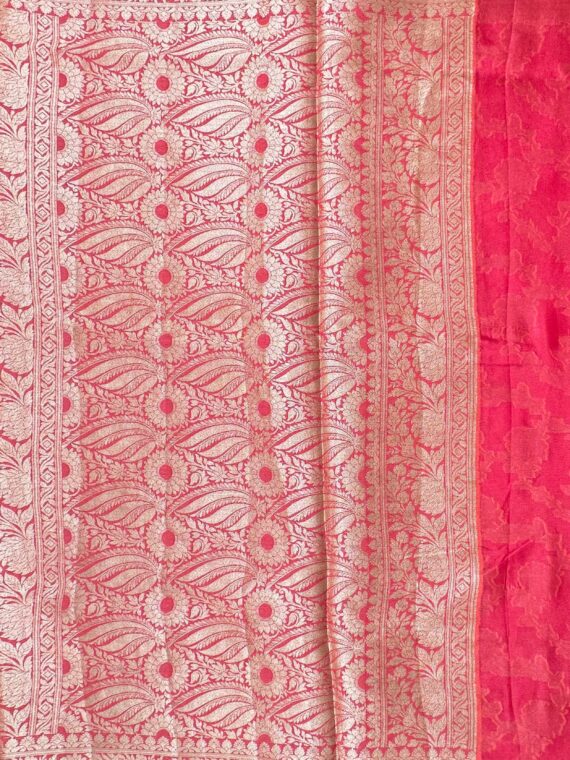 Coral Pink Floral Jaal Pure Crepe Saree