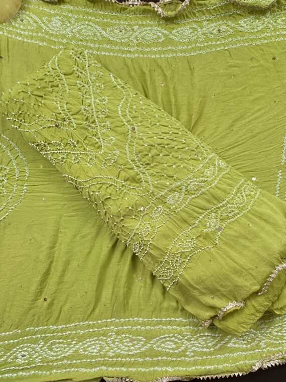 Green Chinon Bandhej Unstitched Suit