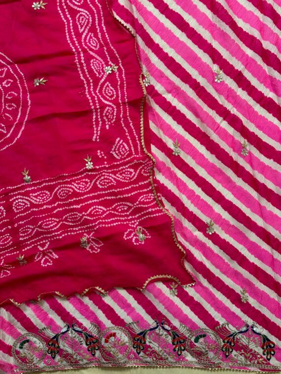 Pink-Rani Leheriya-Bandhej Unstitched Pure Silk Suit