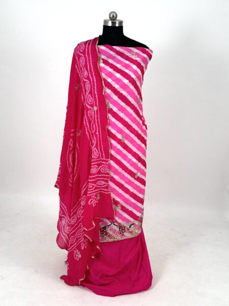 Pink-Rani Leheriya-Bandhej Unstitched Pure Silk Suit
