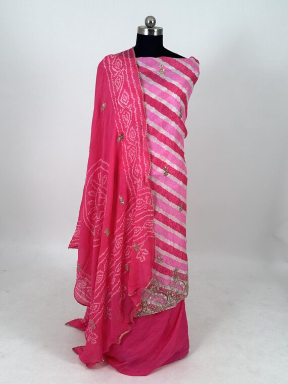 Pink-Coral Leheriya-Bandhej Unstitched Pure Silk Suit