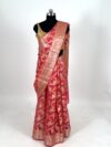 Coral Pink Floral Jaal Pure Crepe Saree